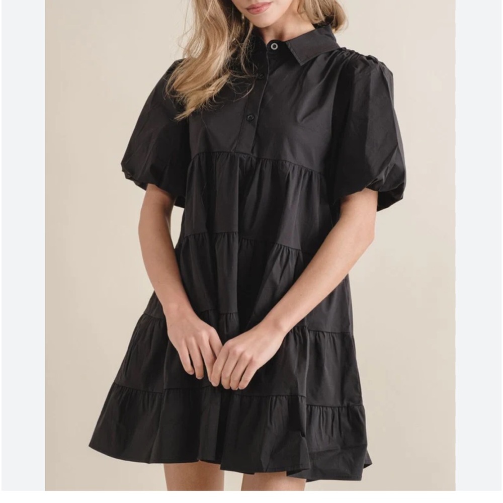 Puff sleeve black tiered mini dress size M